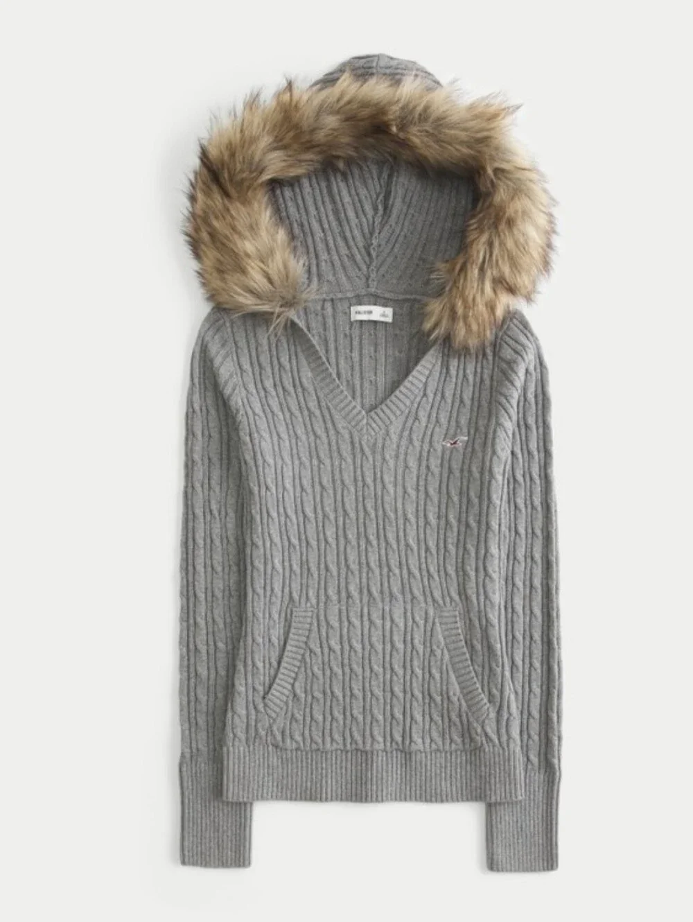 Hollister Gray Cable-Knit Sweater with Faux-Fur Hood Trim Size M Like New